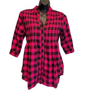 Plaid Pink and Black Tied Waist Button Up Top - Small